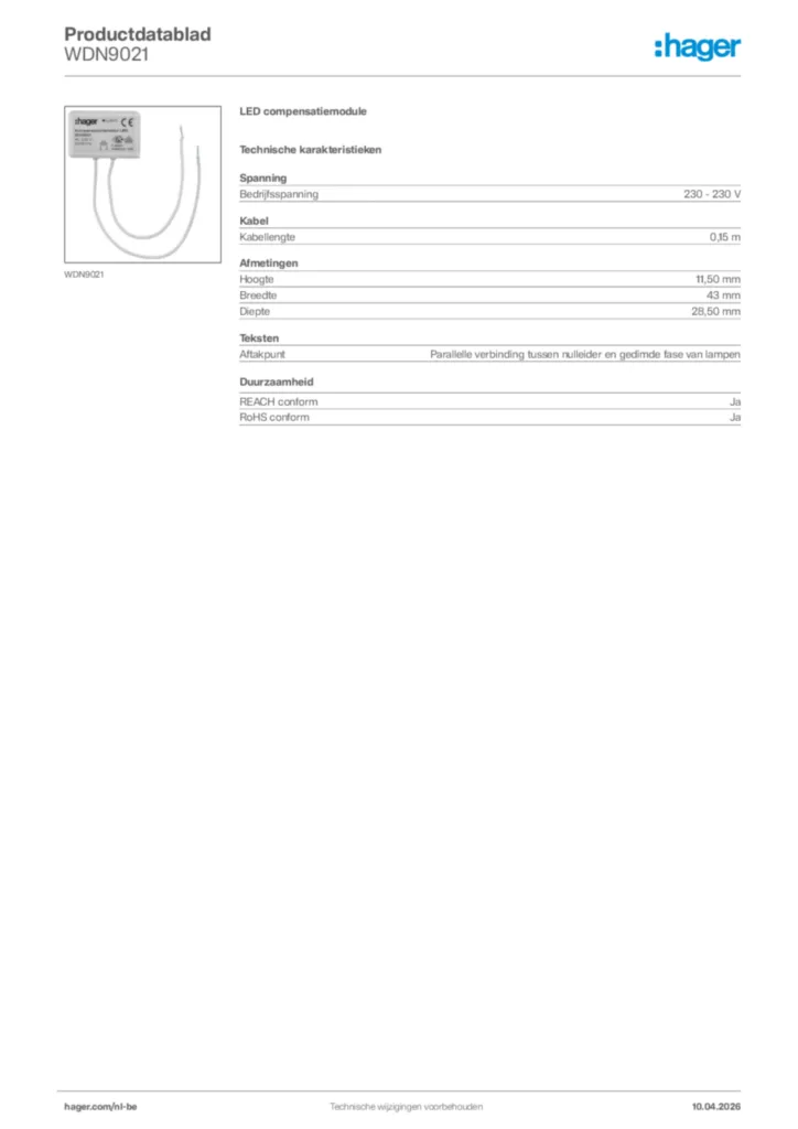 Afbeelding Hager Productdatablad WDN9021 | Hager Belgium