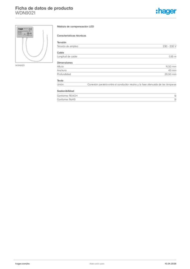 Imagen Hager Ficha de datos de producto WDN9021 | Hager España