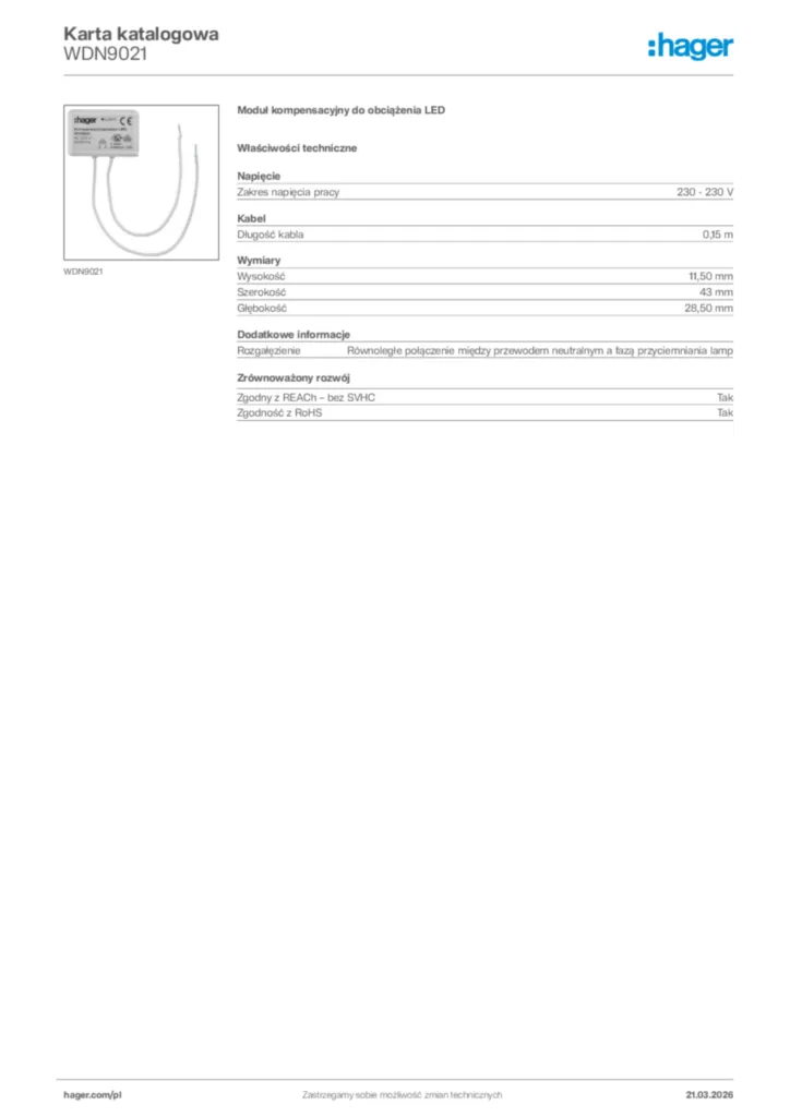 Zdjęcie Hager Karta katalogowa WDN9021 | Hager Polska