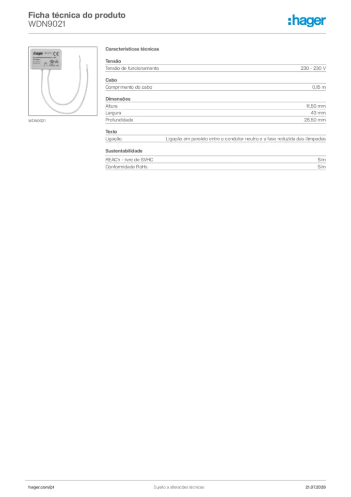 Imagem Hager Ficha técnica do produto WDN9021 | Hager Portugal
