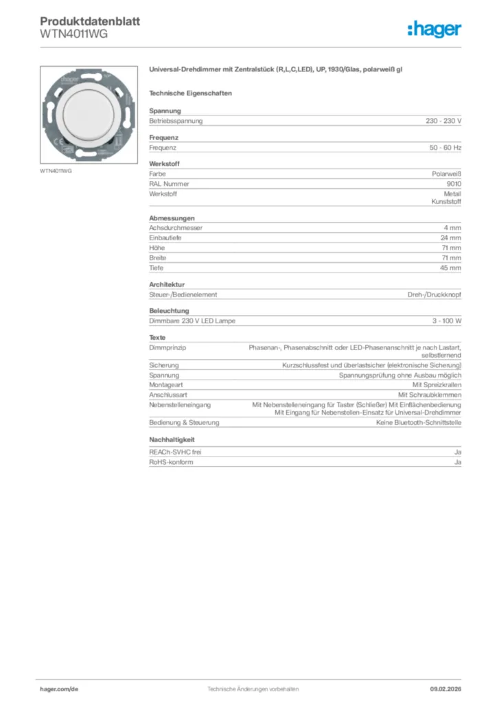 Bild Hager Produktdatenblatt WTN4011WG | Hager Deutschland