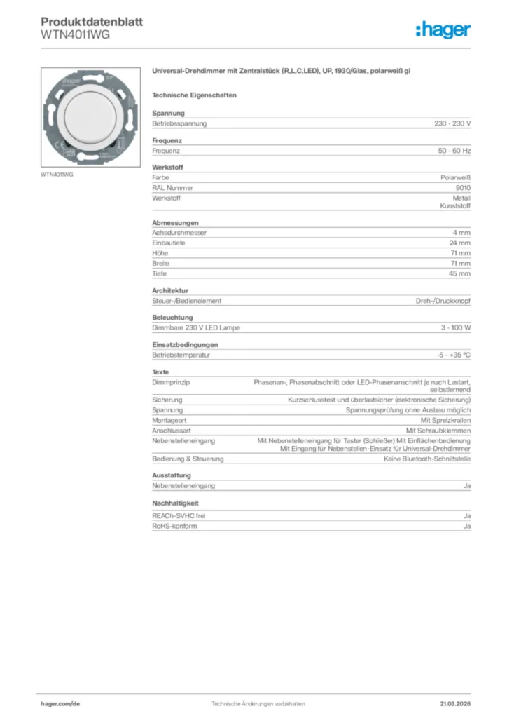 Bild Hager Produktdatenblatt WTN4011WG | Hager Deutschland