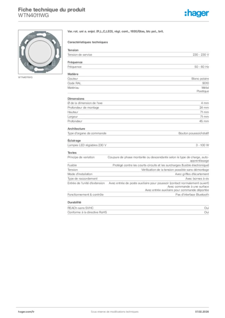 Image Hager Fiche technique du produit WTN4011WG | Hager France