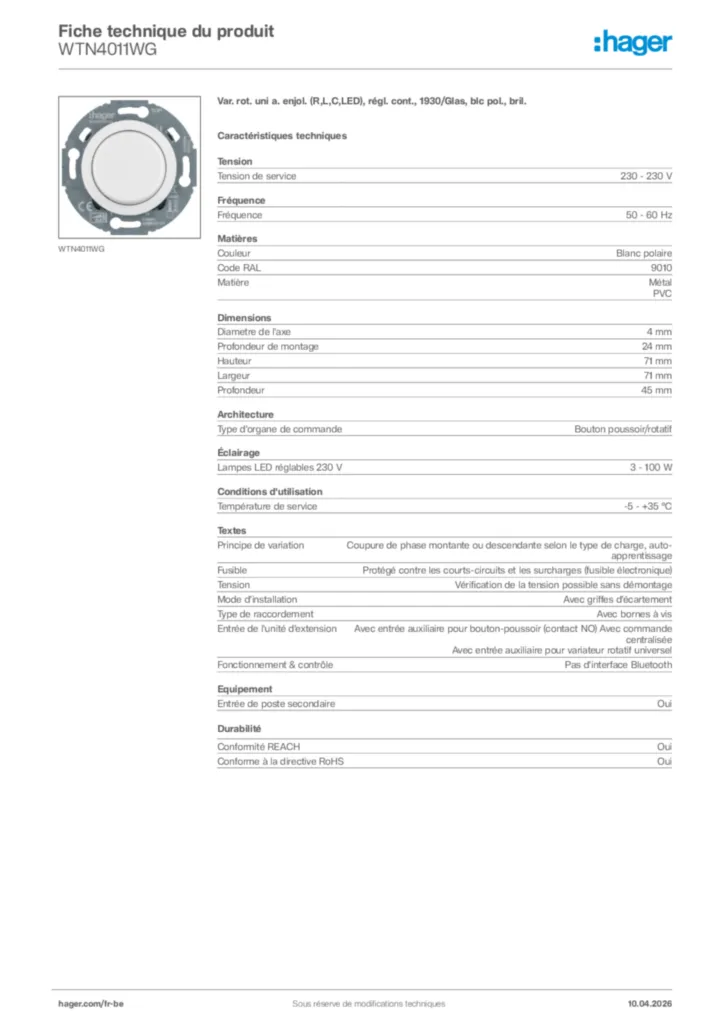 Image Hager Fiche technique du produit WTN4011WG | Hager Belgique