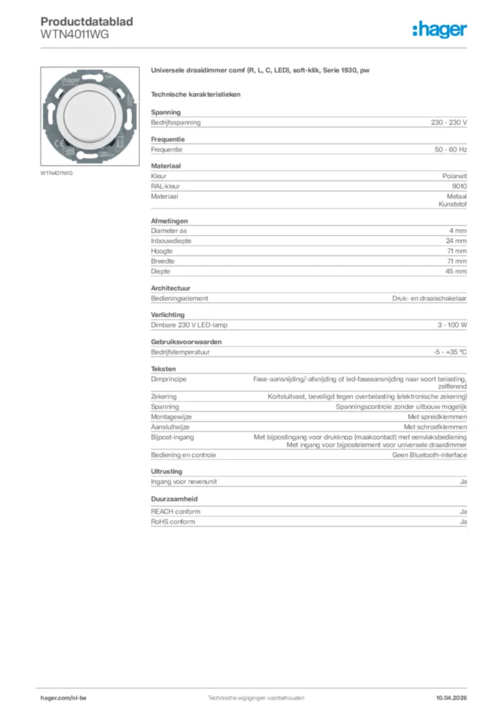 Afbeelding Hager Productdatablad WTN4011WG | Hager Belgium