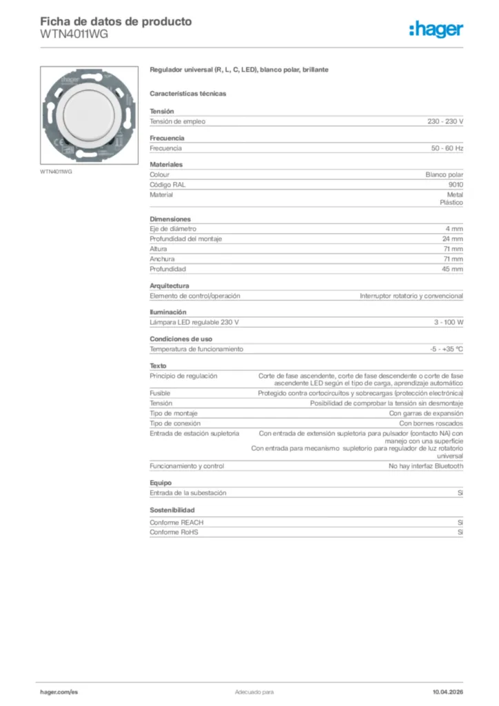Imagen Hager Ficha de datos de producto WTN4011WG | Hager España
