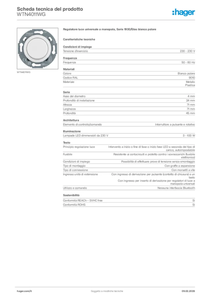 Immagine Hager Scheda tecnica del prodotto WTN4011WG | Hager Italia