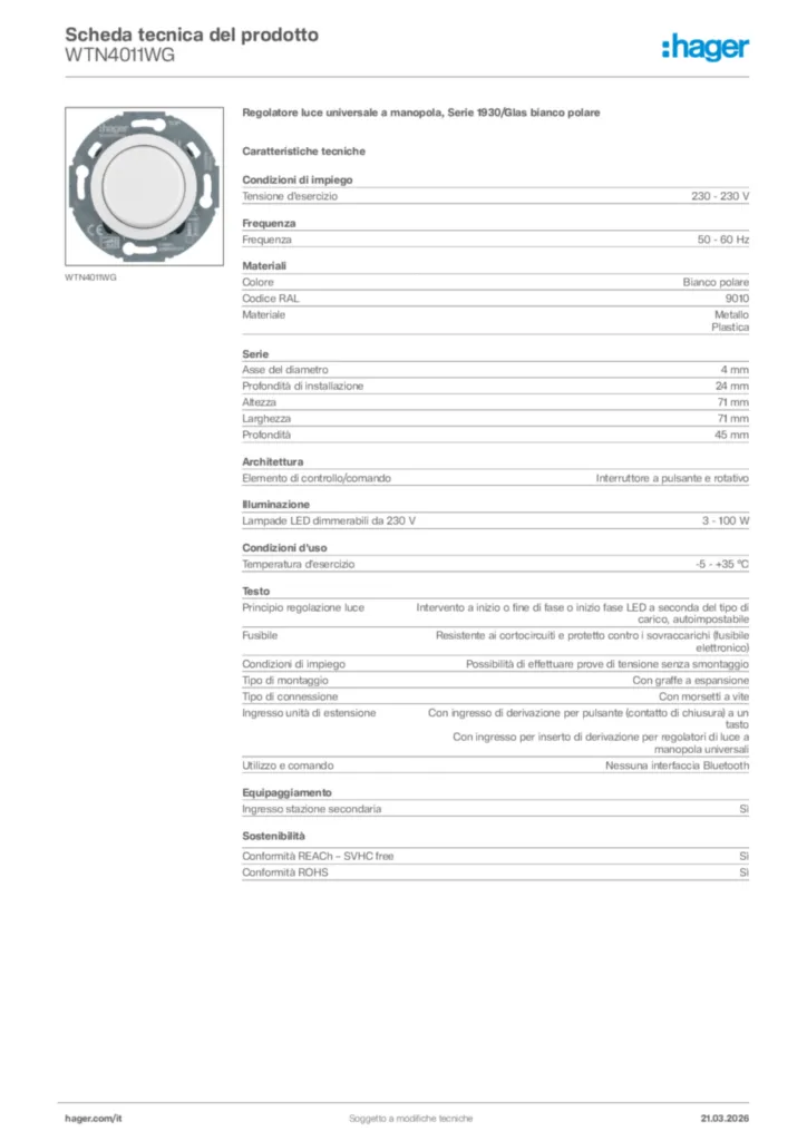 Immagine Hager Scheda tecnica del prodotto WTN4011WG | Hager Italia