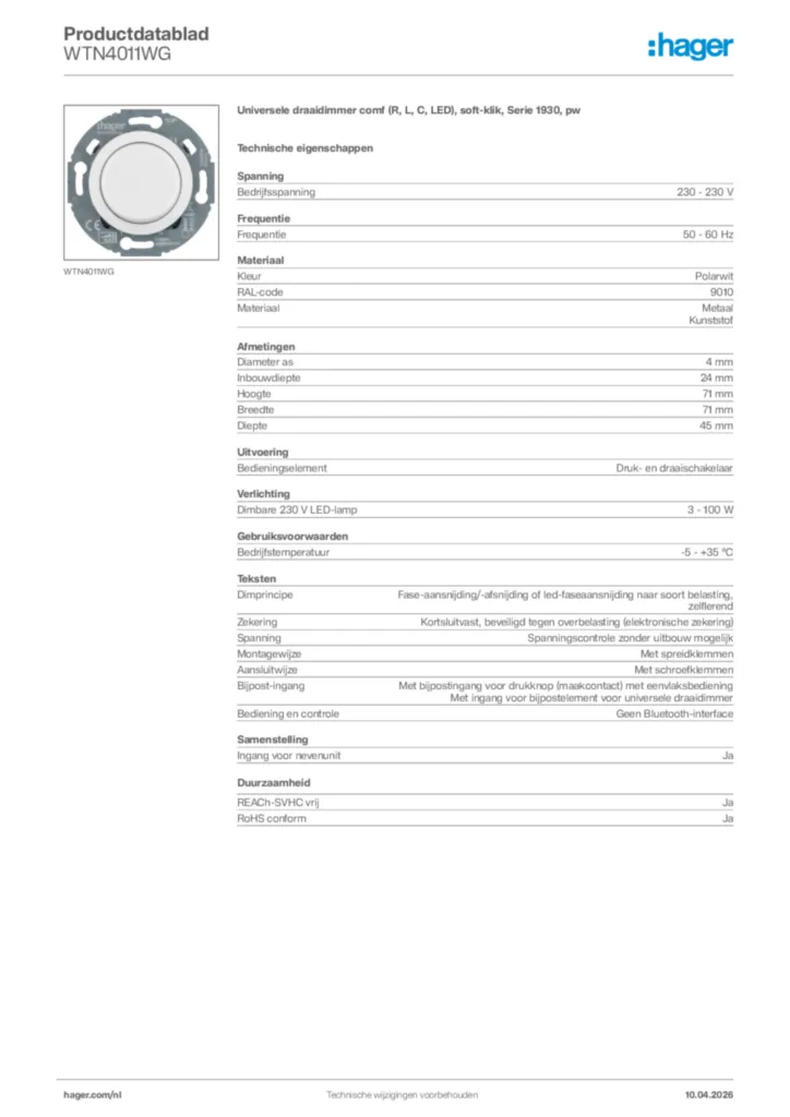 Afbeelding Hager Productdatablad WTN4011WG | Hager Nederland