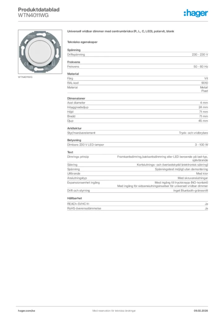 Bild Hager Produktdatablad WTN4011WG | Hager Sverige