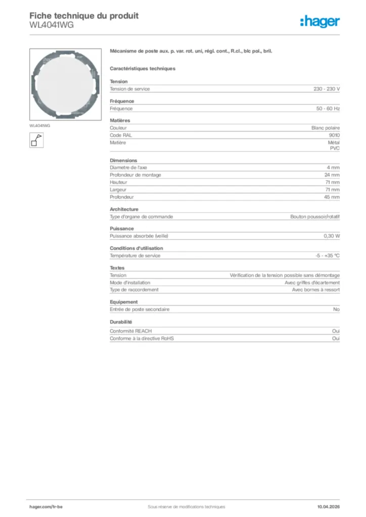 Image Hager Fiche technique du produit WL4041WG | Hager Belgique