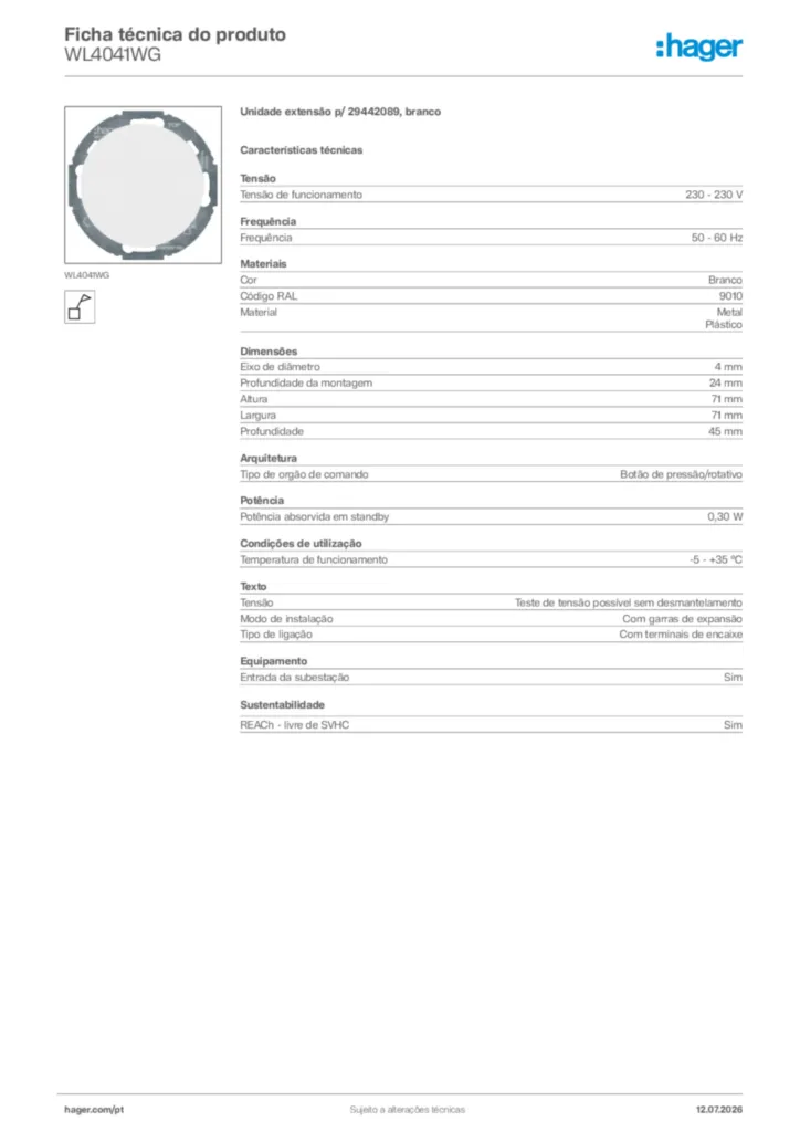 Imagem Hager Ficha técnica do produto WL4041WG | Hager Portugal