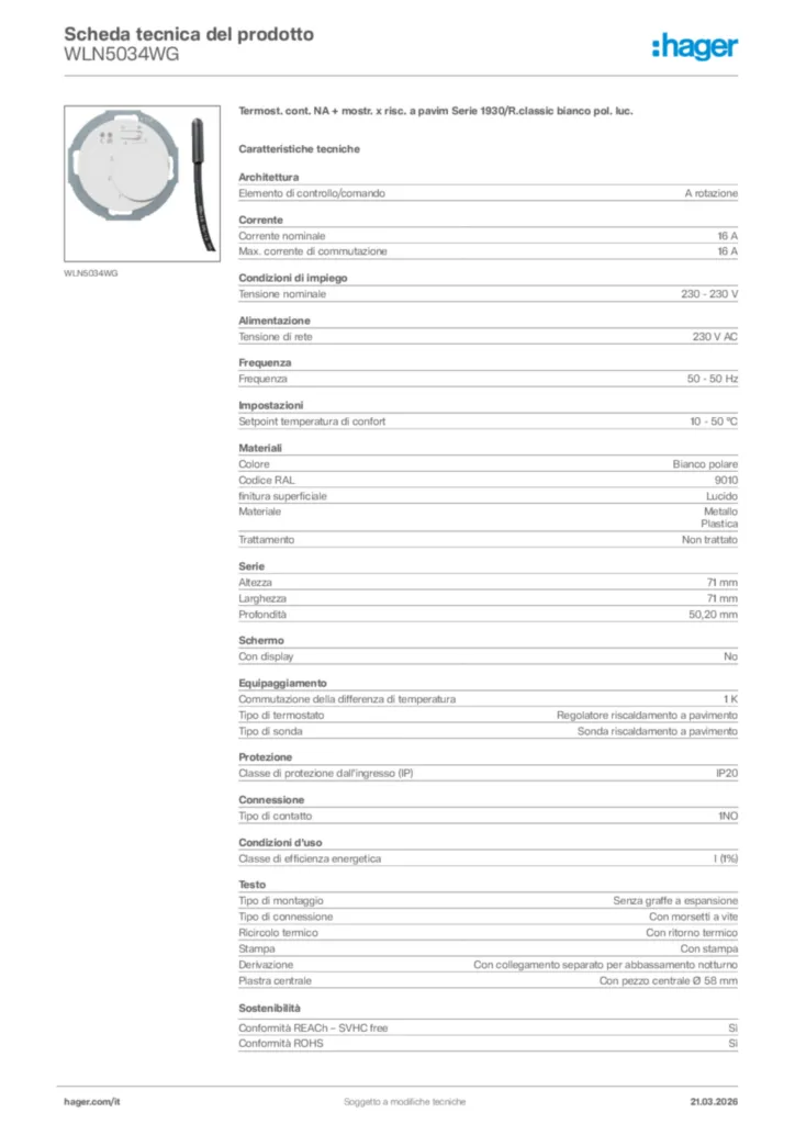 Immagine Hager Scheda tecnica del prodotto WLN5034WG | Hager Italia