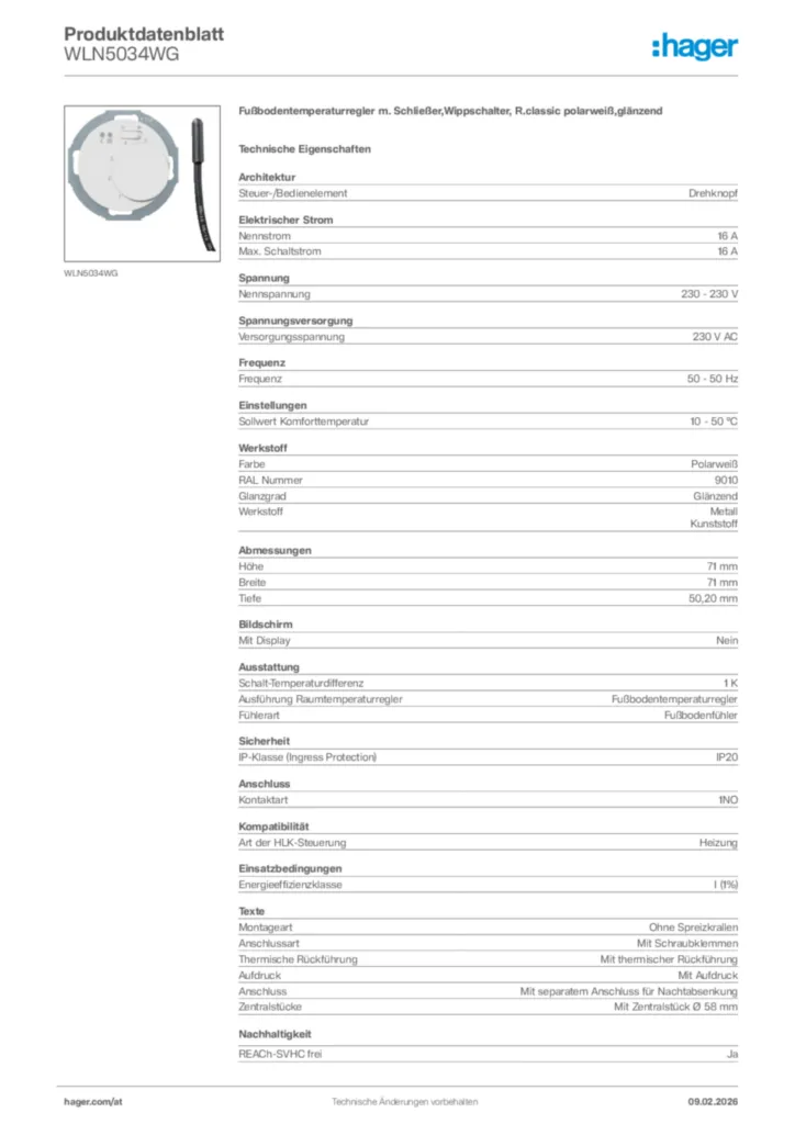 Bild Hager Produktdatenblatt WLN5034WG | Hager Deutschland