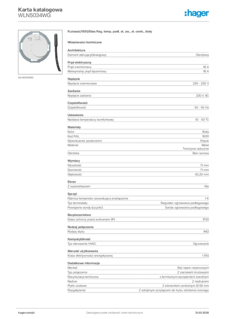 Zdjęcie Hager Karta katalogowa WLN5034WG | Hager Polska
