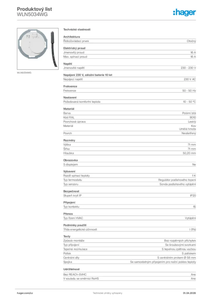 Obrázek Hager Product data sheet WLN5034WG | Hager