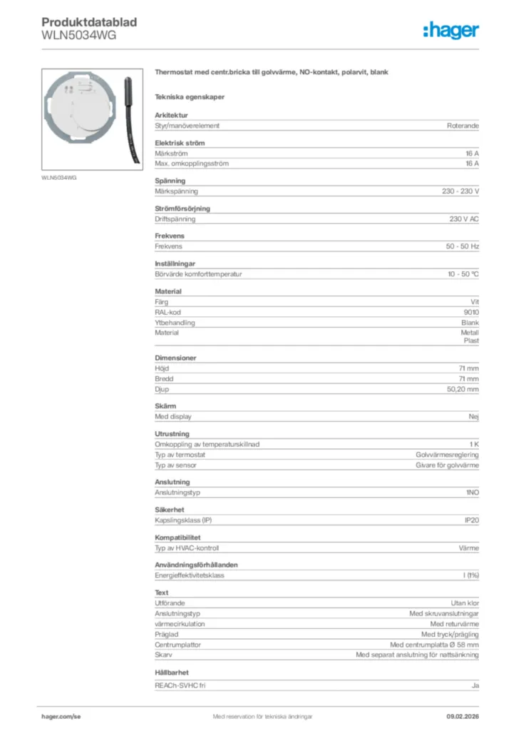 Bild Hager Produktdatablad WLN5034WG | Hager Sverige