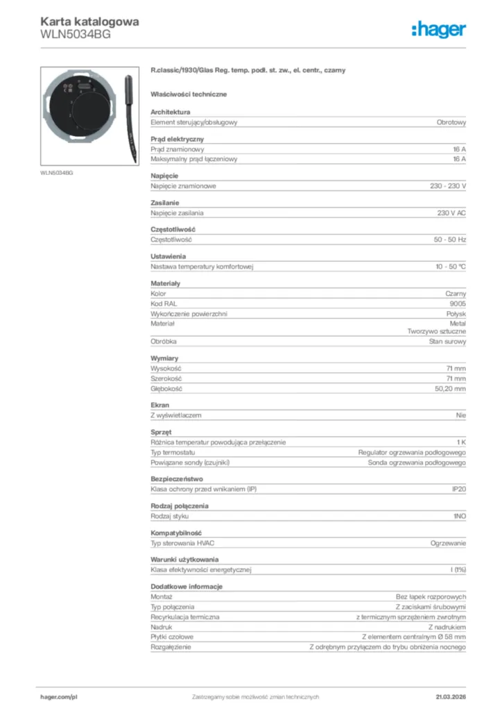 Zdjęcie Hager Karta katalogowa WLN5034BG | Hager Polska