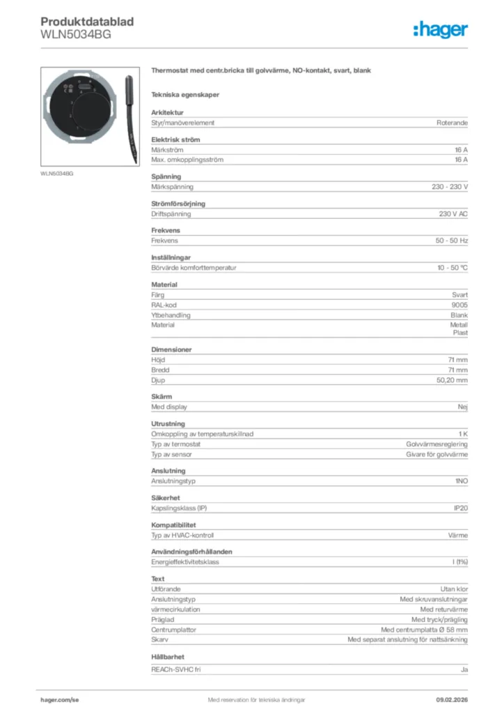 Bild Hager Produktdatablad WLN5034BG | Hager Sverige