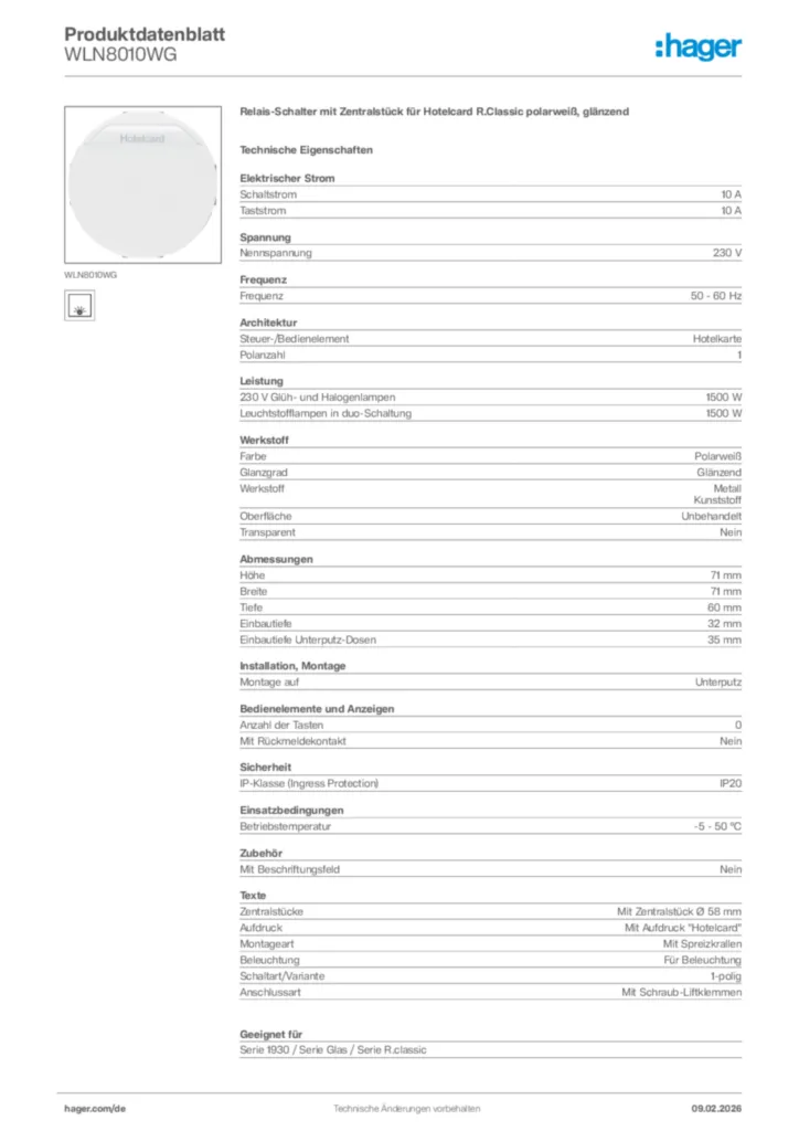 Bild Hager Produktdatenblatt WLN8010WG | Hager Deutschland