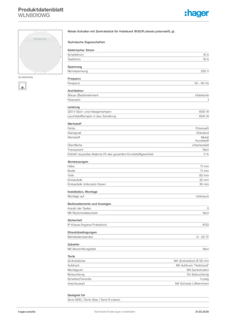 Bild Hager Produktdatenblatt WLN8010WG | Hager Deutschland
