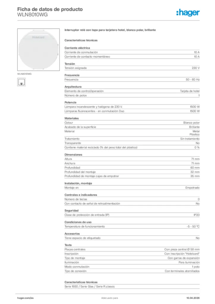 Imagen Hager Ficha de datos de producto WLN8010WG | Hager España