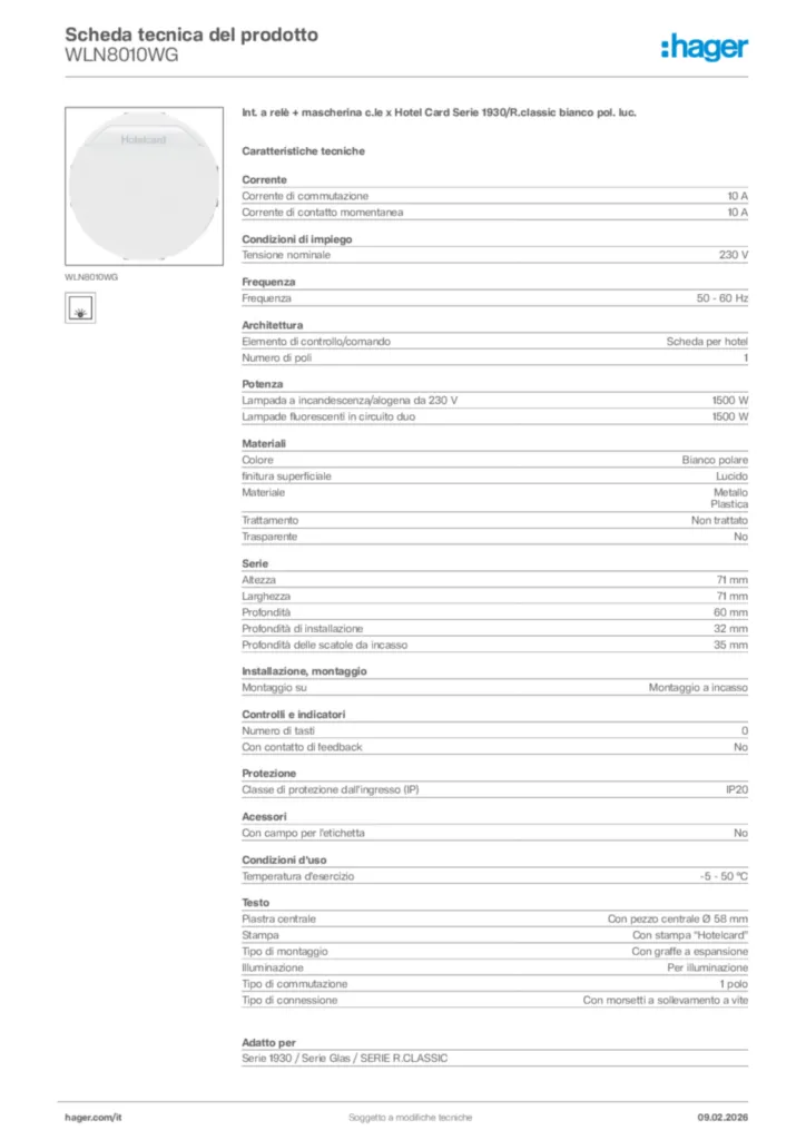 Immagine Hager Scheda tecnica del prodotto WLN8010WG | Hager Italia