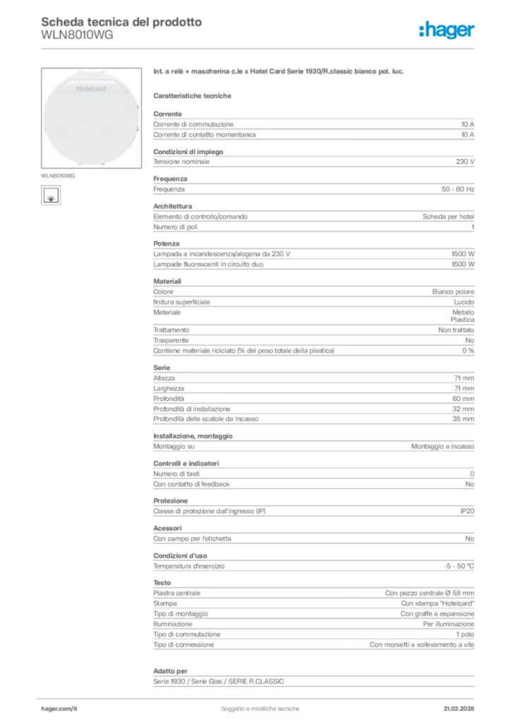Immagine Hager Scheda tecnica del prodotto WLN8010WG | Hager Italia