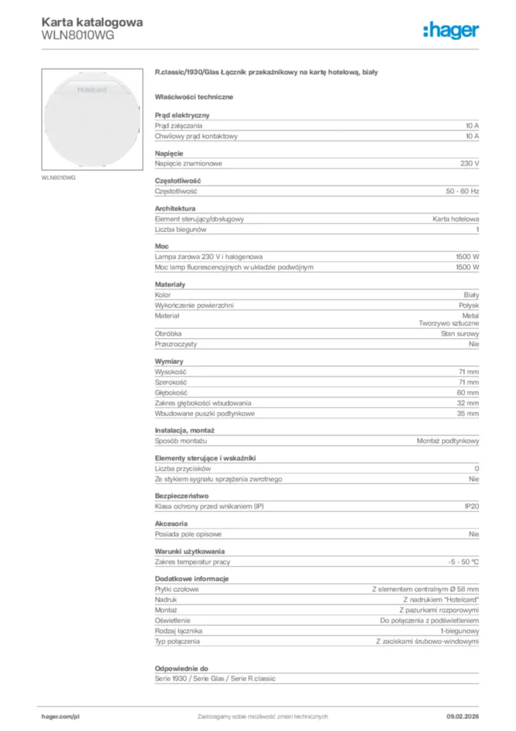 Zdjęcie Hager Karta katalogowa WLN8010WG | Hager Polska
