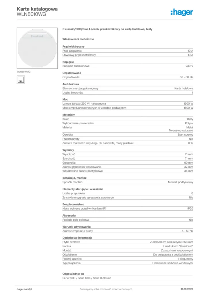 Zdjęcie Hager Karta katalogowa WLN8010WG | Hager Polska