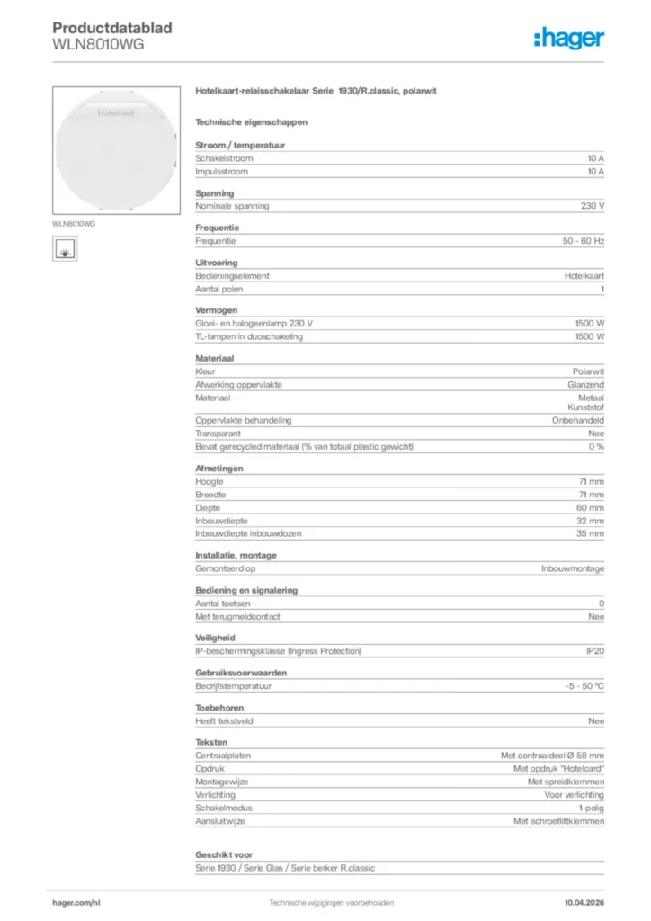 Afbeelding Hager Productdatablad WLN8010WG | Hager Nederland