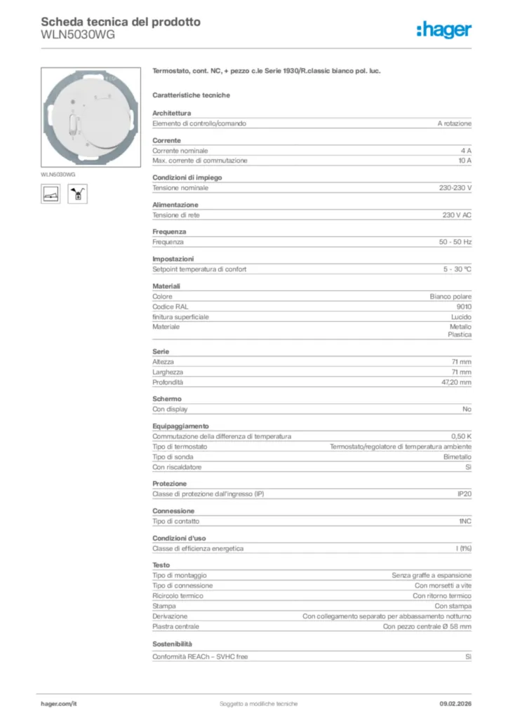 Immagine Hager Scheda tecnica del prodotto WLN5030WG | Hager Italia