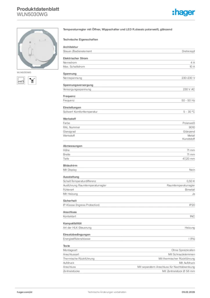 Bild Hager Produktdatenblatt WLN5030WG | Hager Deutschland
