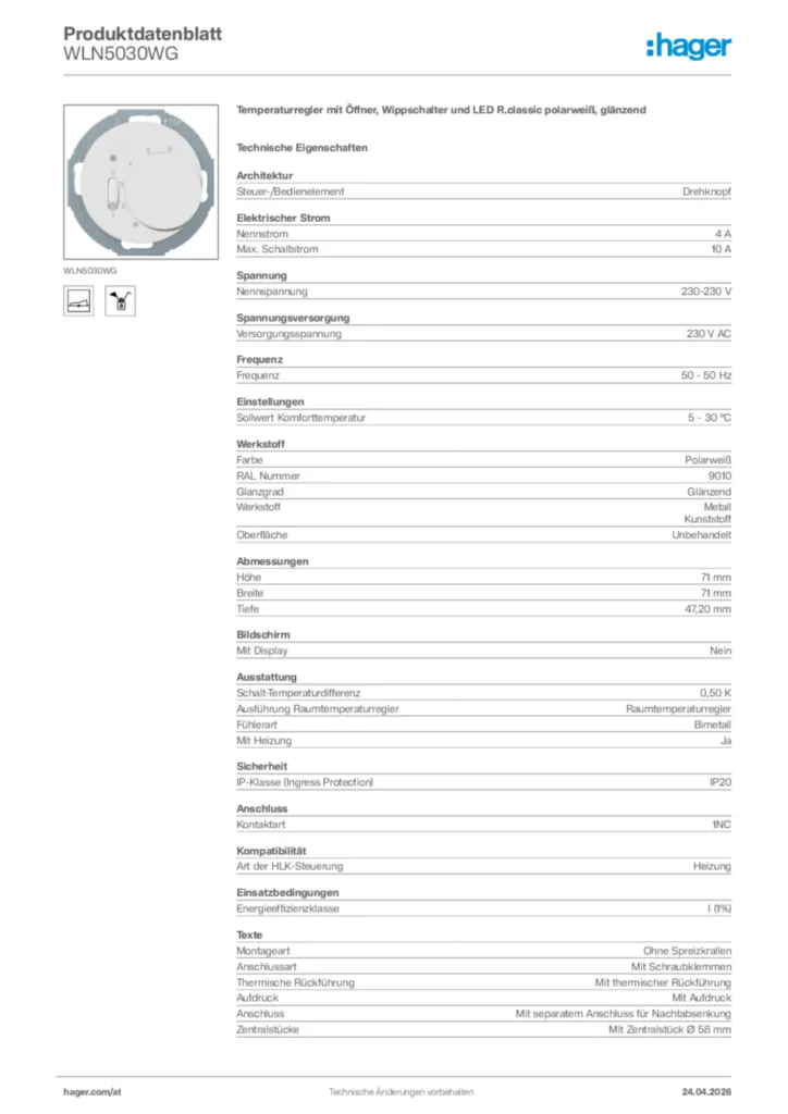 Bild Hager Produktdatenblatt WLN5030WG | Hager Deutschland
