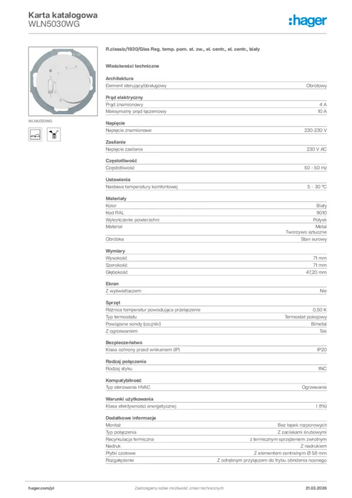 Zdjęcie Hager Karta katalogowa WLN5030WG | Hager Polska