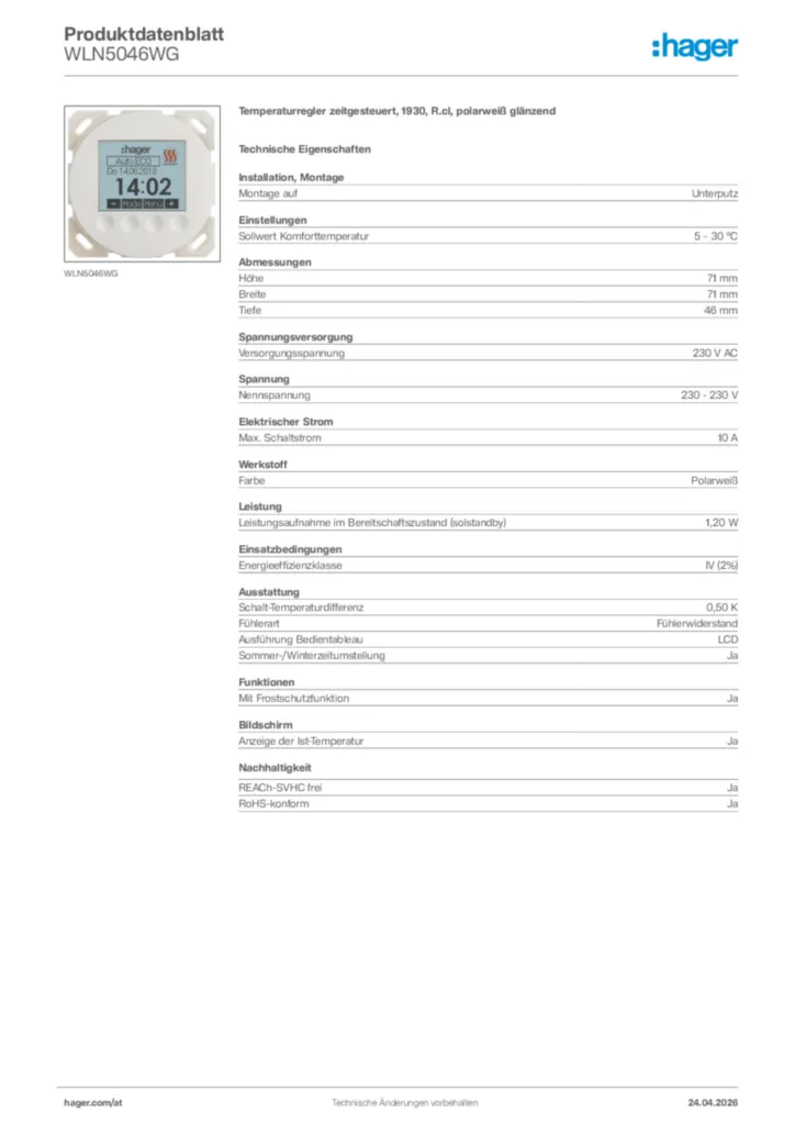 Bild Hager Produktdatenblatt WLN5046WG | Hager Deutschland