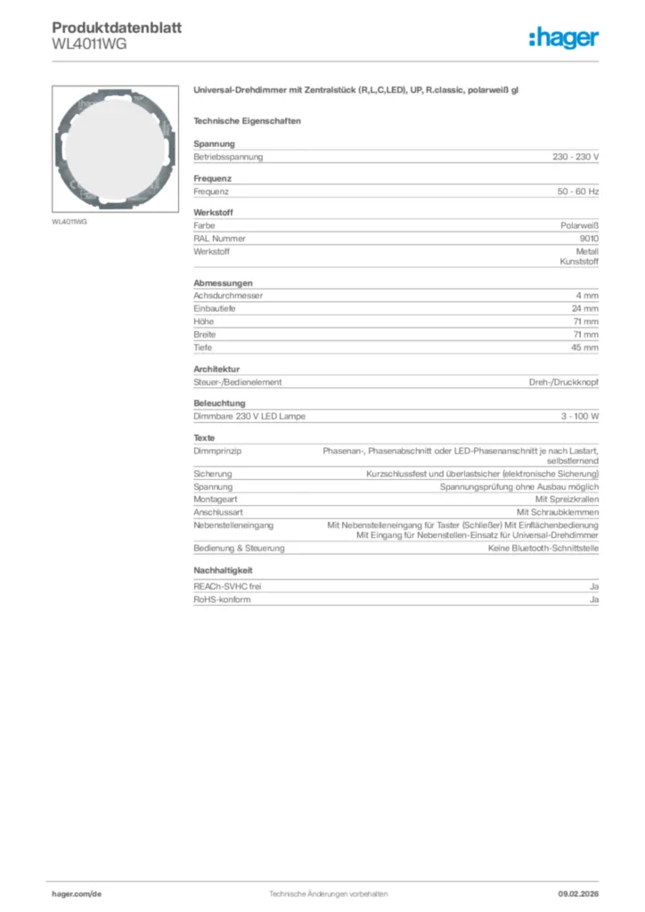 Bild Hager Produktdatenblatt WL4011WG | Hager Deutschland