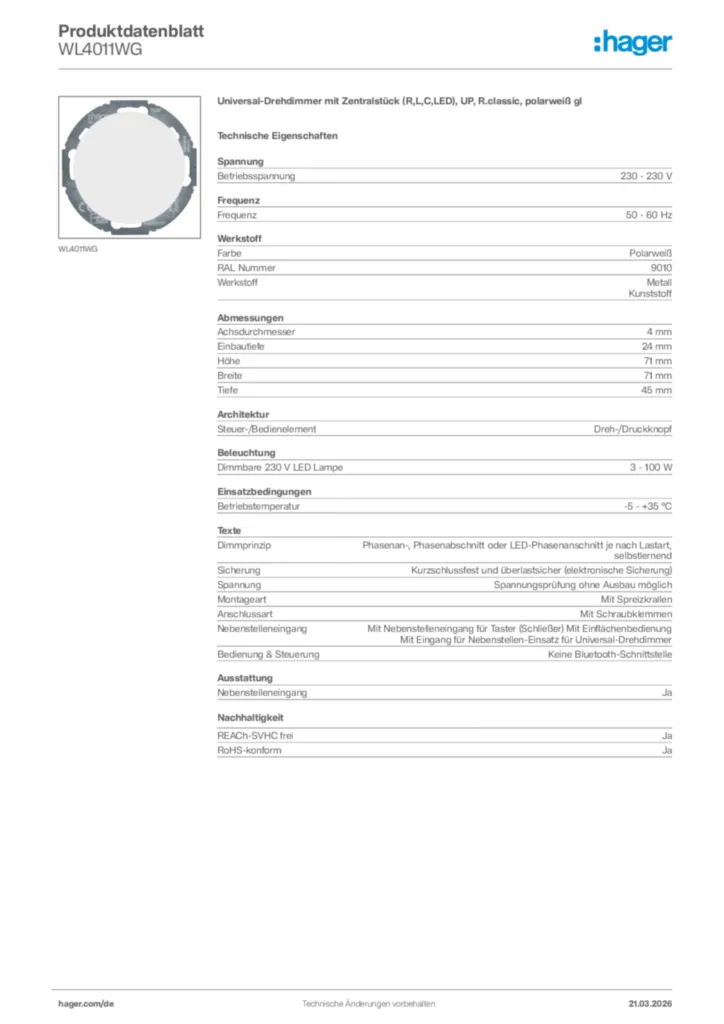 Bild Hager Produktdatenblatt WL4011WG | Hager Deutschland