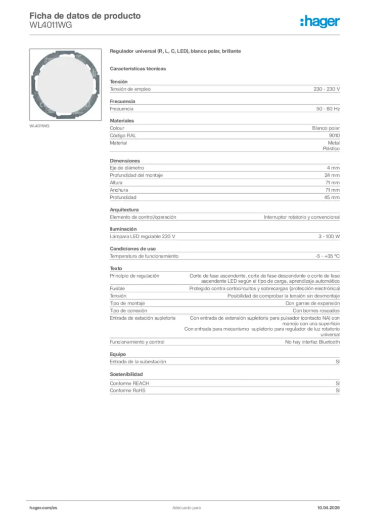 Imagen Hager Ficha de datos de producto WL4011WG | Hager España