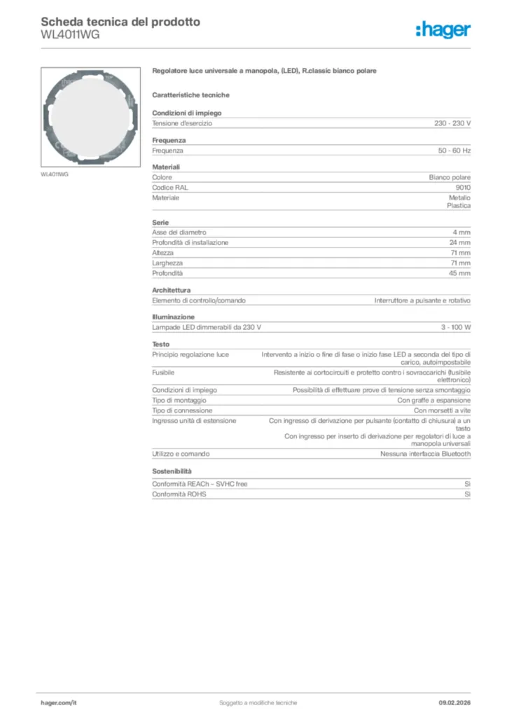 Immagine Hager Scheda tecnica del prodotto WL4011WG | Hager Italia