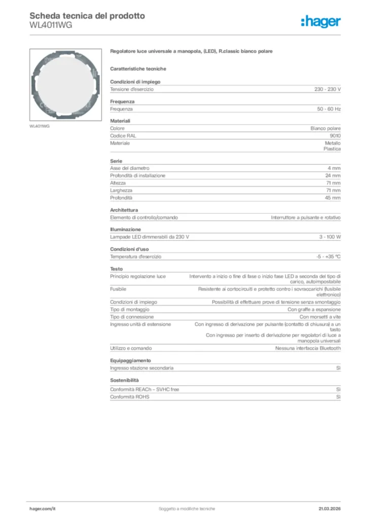Immagine Hager Scheda tecnica del prodotto WL4011WG | Hager Italia
