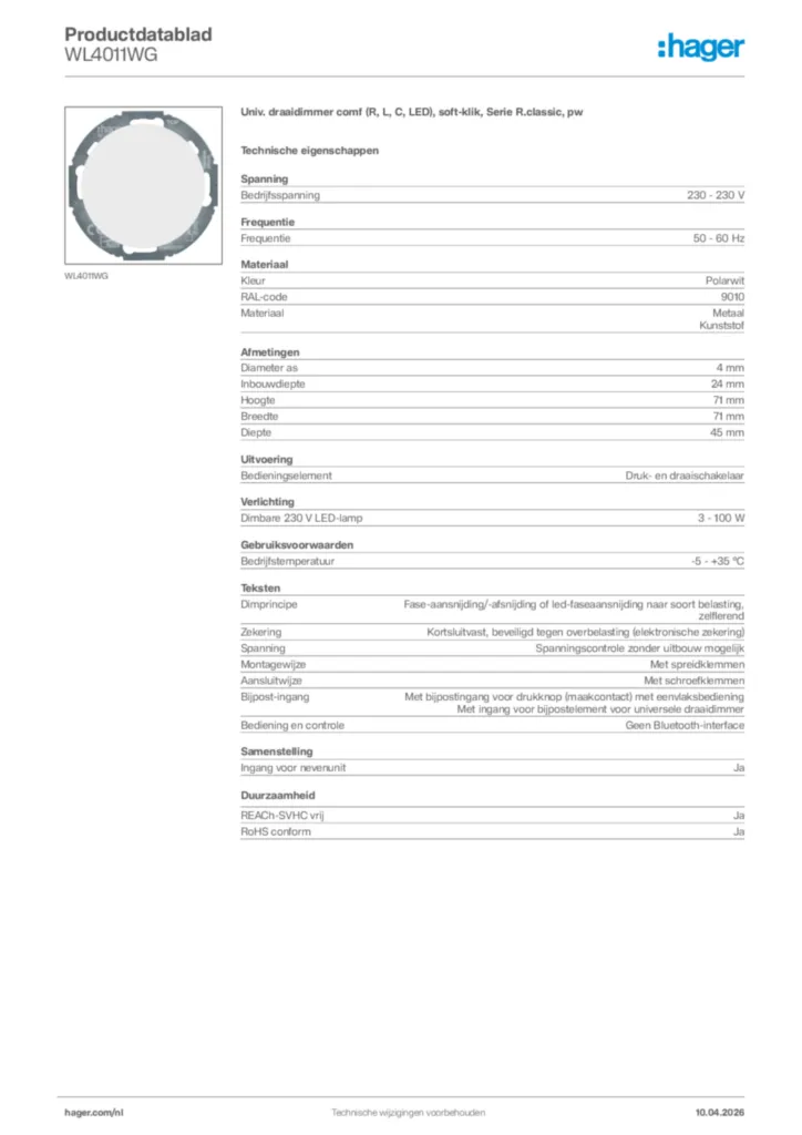 Afbeelding Hager Productdatablad WL4011WG | Hager Nederland
