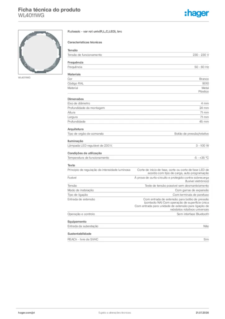 Imagem Hager Ficha técnica do produto WL4011WG | Hager Portugal