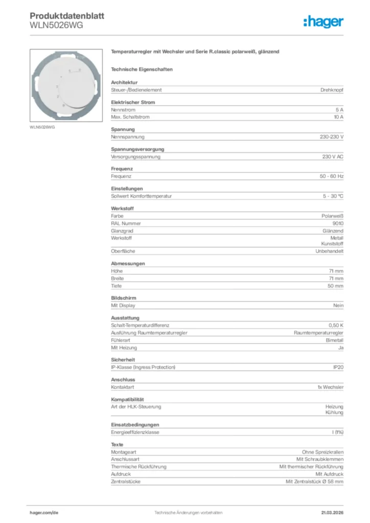 Bild Hager Produktdatenblatt WLN5026WG | Hager Deutschland