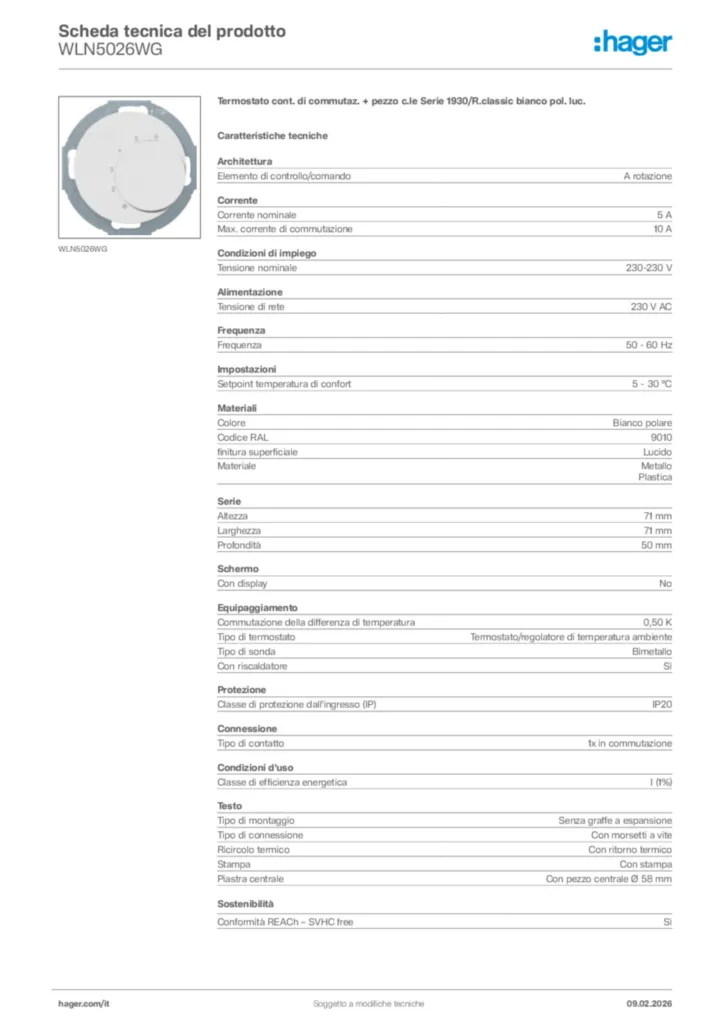 Immagine Hager Scheda tecnica del prodotto WLN5026WG | Hager Italia