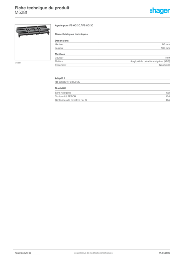 Image Hager Fiche technique du produit M5281 | Hager Belgique