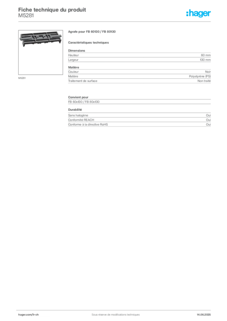 Image Hager Fiche technique du produit M5281 | Hager Suisse