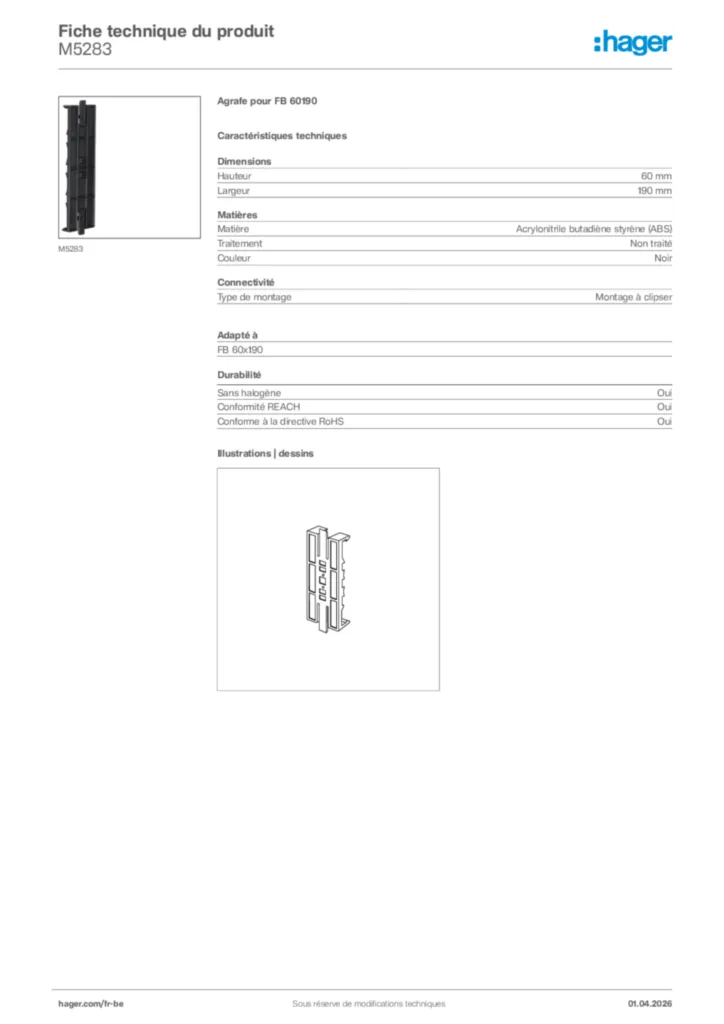 Image Hager Fiche technique du produit M5283 | Hager Belgique