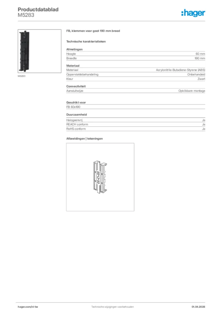 Afbeelding Hager Productdatablad M5283 | Hager Belgium