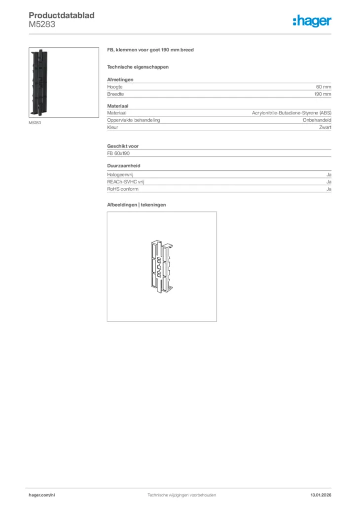 Afbeelding Hager Productdatablad M5283 | Hager Nederland